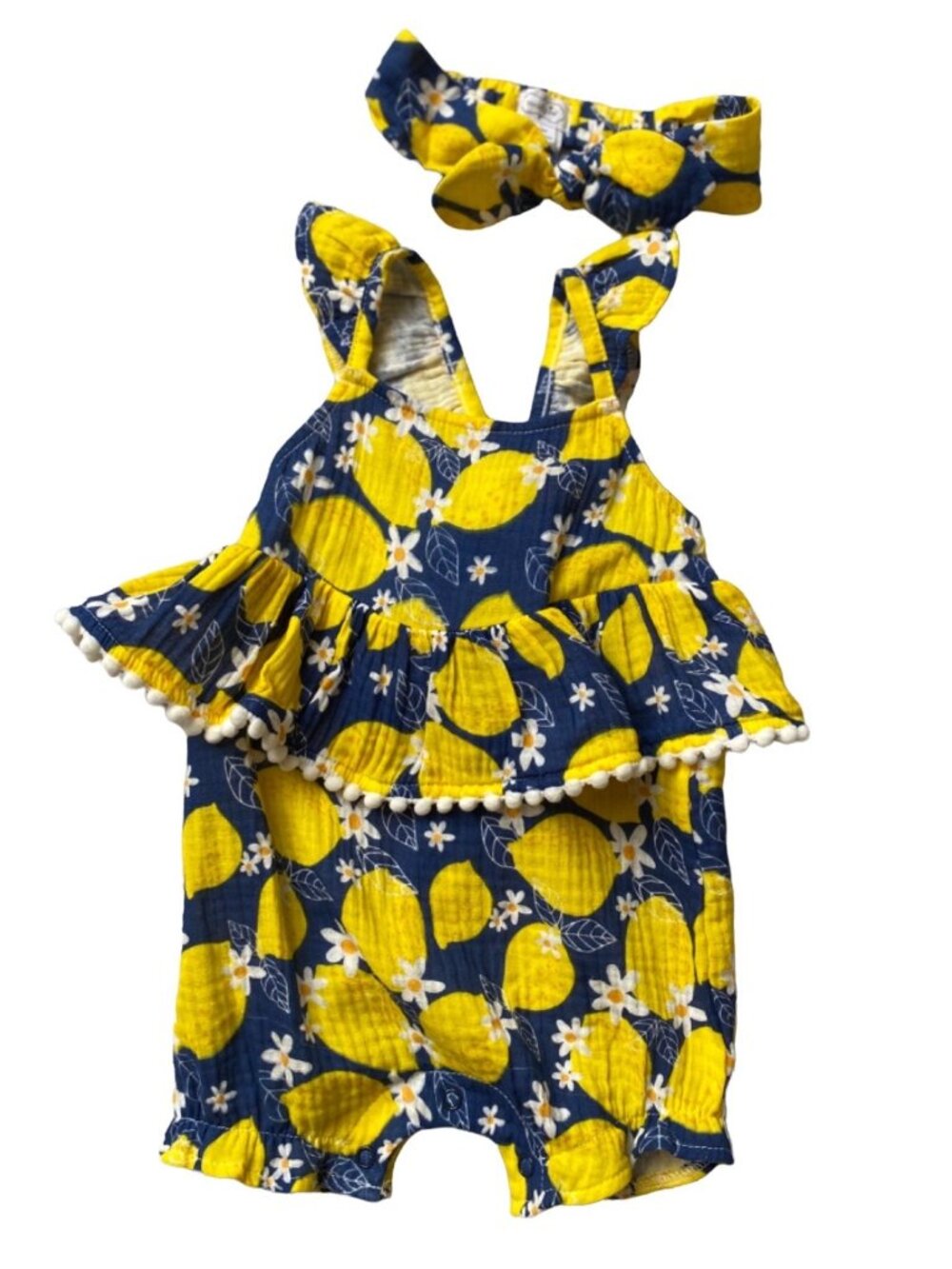 Mud Pie girl 9m 12m Lemon cotton gauze romper headband set NWOT blue yellow